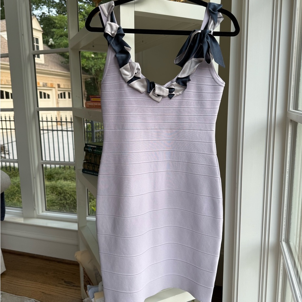 Vintage Herve Leger bandage lavender dress w/ silver & blue bow super-flattering